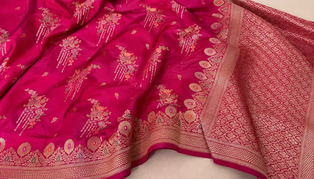 Katan silk Banarasi saree showing detailed pallu, border and Kadwa boota body