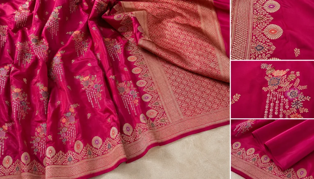 Magenta pink katan silk Banarasi saree with kadwa boota, zari border, rich pallu and detailed motif collage